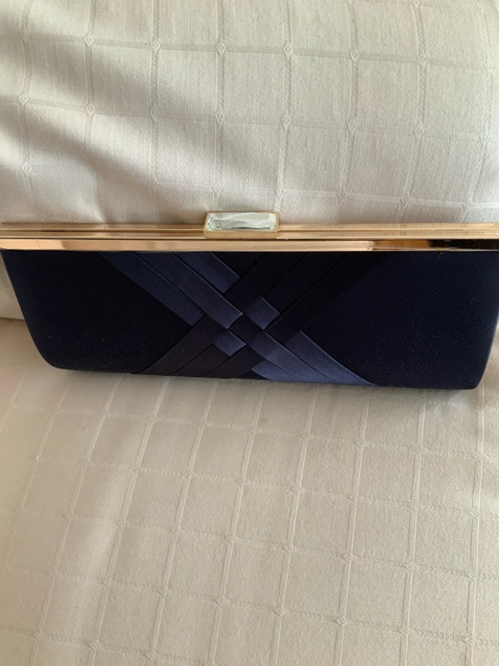 Elegant Navy Blue satinClutch with Gold Chain - Picture 4 of 5